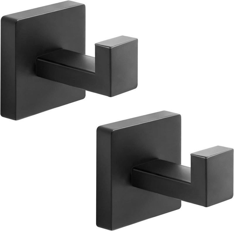 Fenas Heavy Duty Stainless Steel Towel Hooks, Wall Mounted Square Robe Hooks for Bathroom, Kitchen, Bedroom, Hotel Matte Black 2 Pack - Image 1